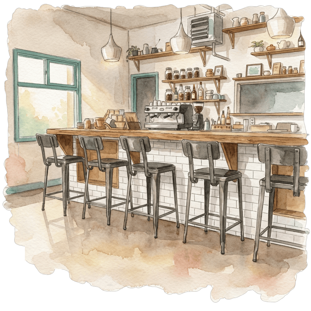 Watercolor illustration of the Part and Parcel bar with wooden countertop, metal stools, and espresso machine
