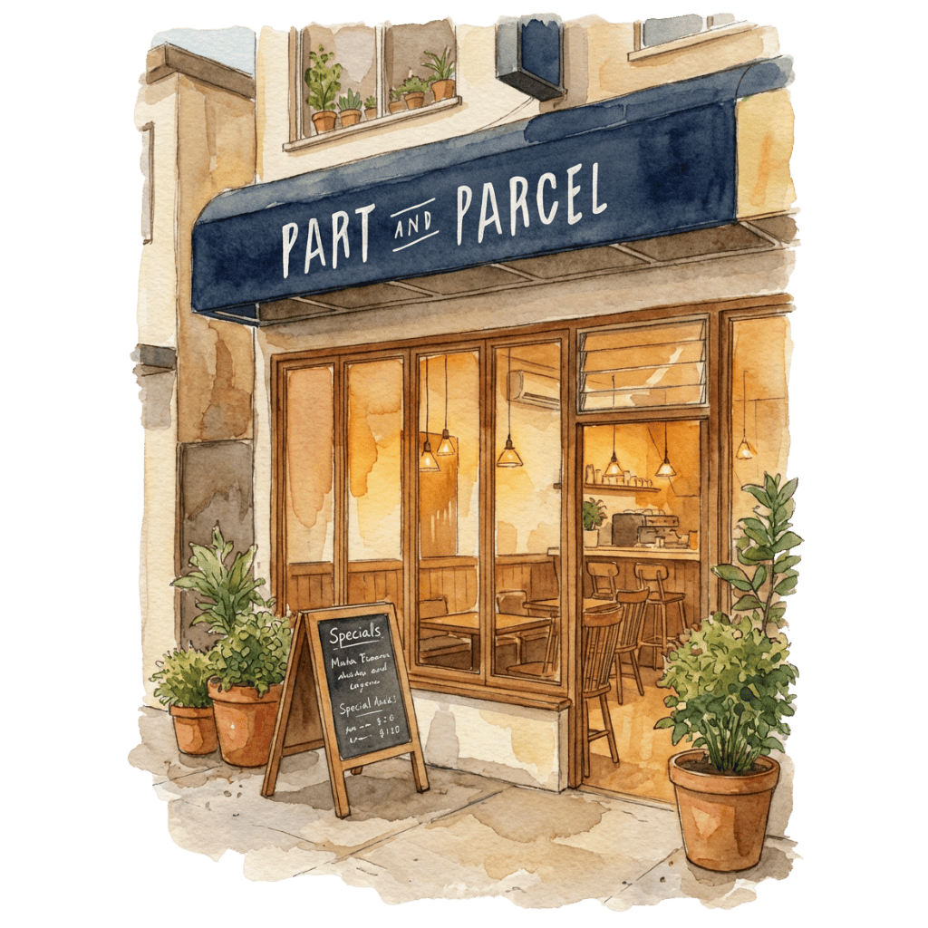 Watercolor illustration of Part and Parcel storefront with warm light and navy awning